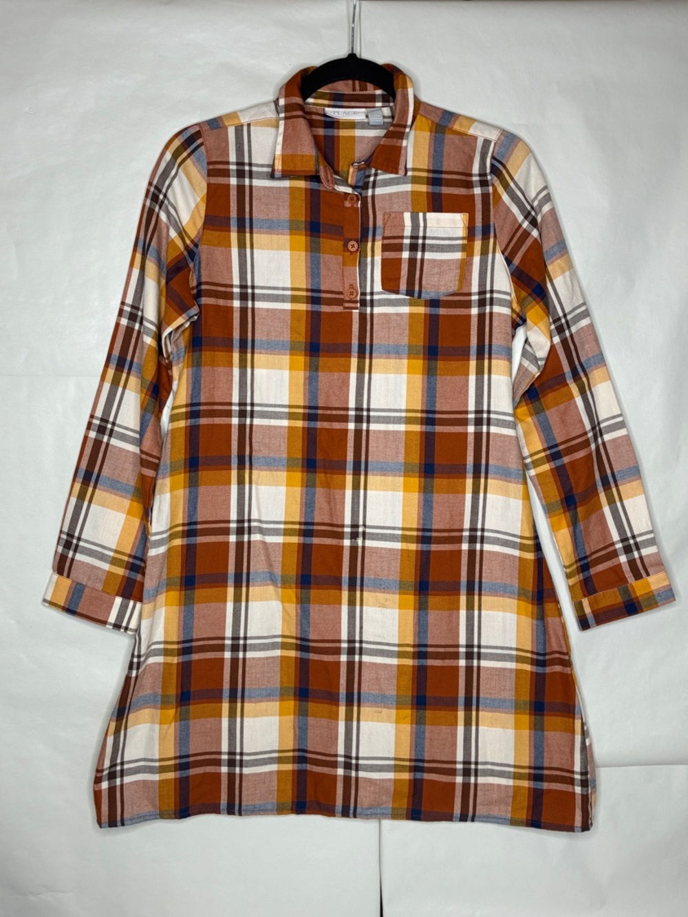 Place Women's Plaid Button-Down Tunic - Rust, Cream & Mustard